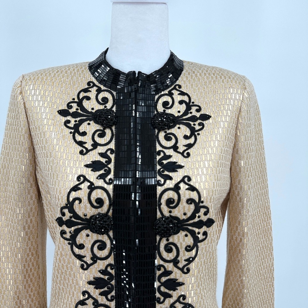 St John Evening Marie Gray Gold Black Knit Sequin Embroidered Jacket Beaded US 4 - Picture 9 of 13